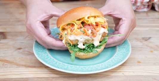 Chili Lime Crunch Salmon Burger with Carrot Slaw