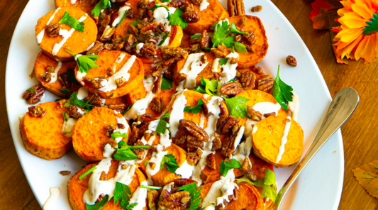 this little goat went to hong kong roasted sweet potatoes with candied pecans and yogurt drizzle
