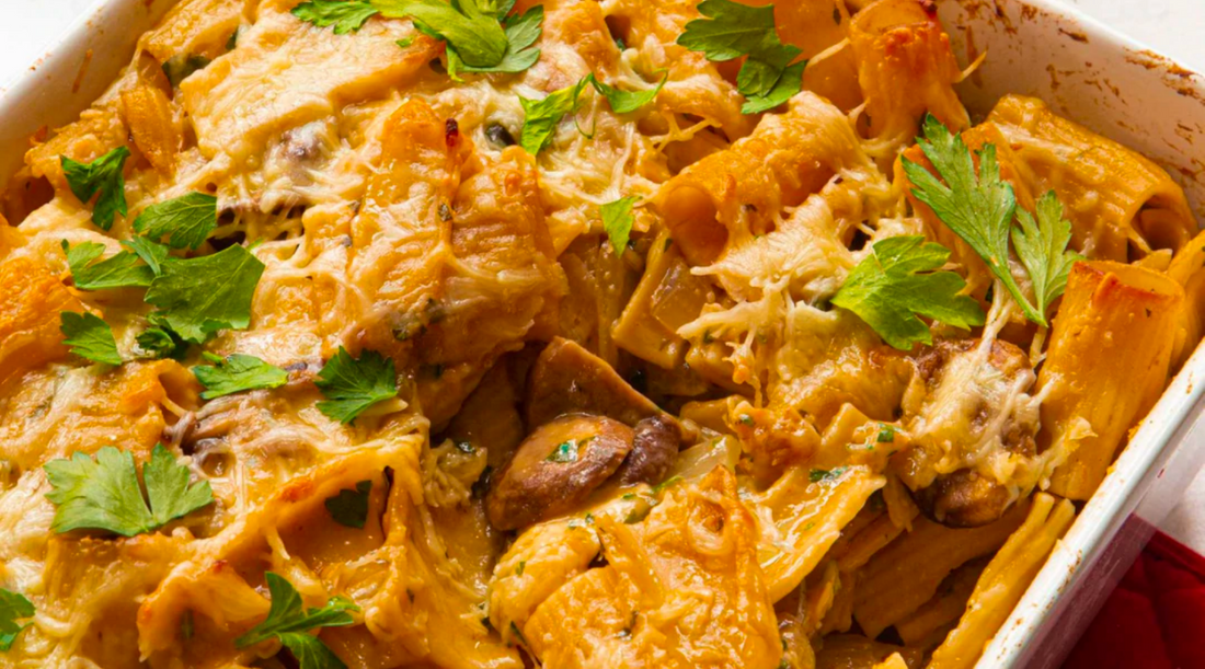this little goat went to southeast asia spiced creamy mushroom pasta bake